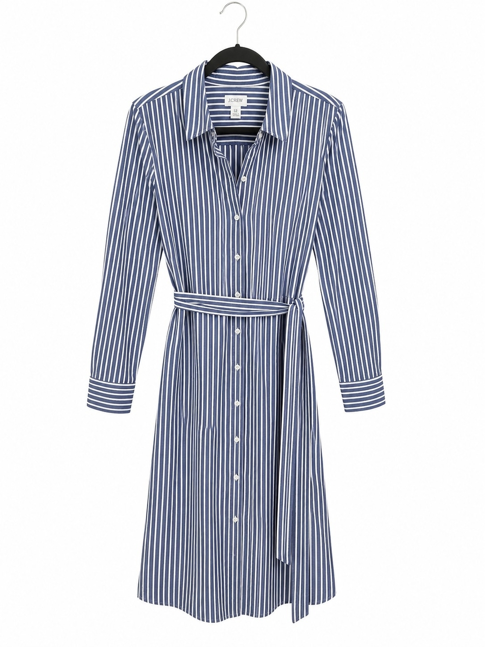 J. Crew Navy and White Striped Long-Sleeve Shirt Dress with Waist Tie